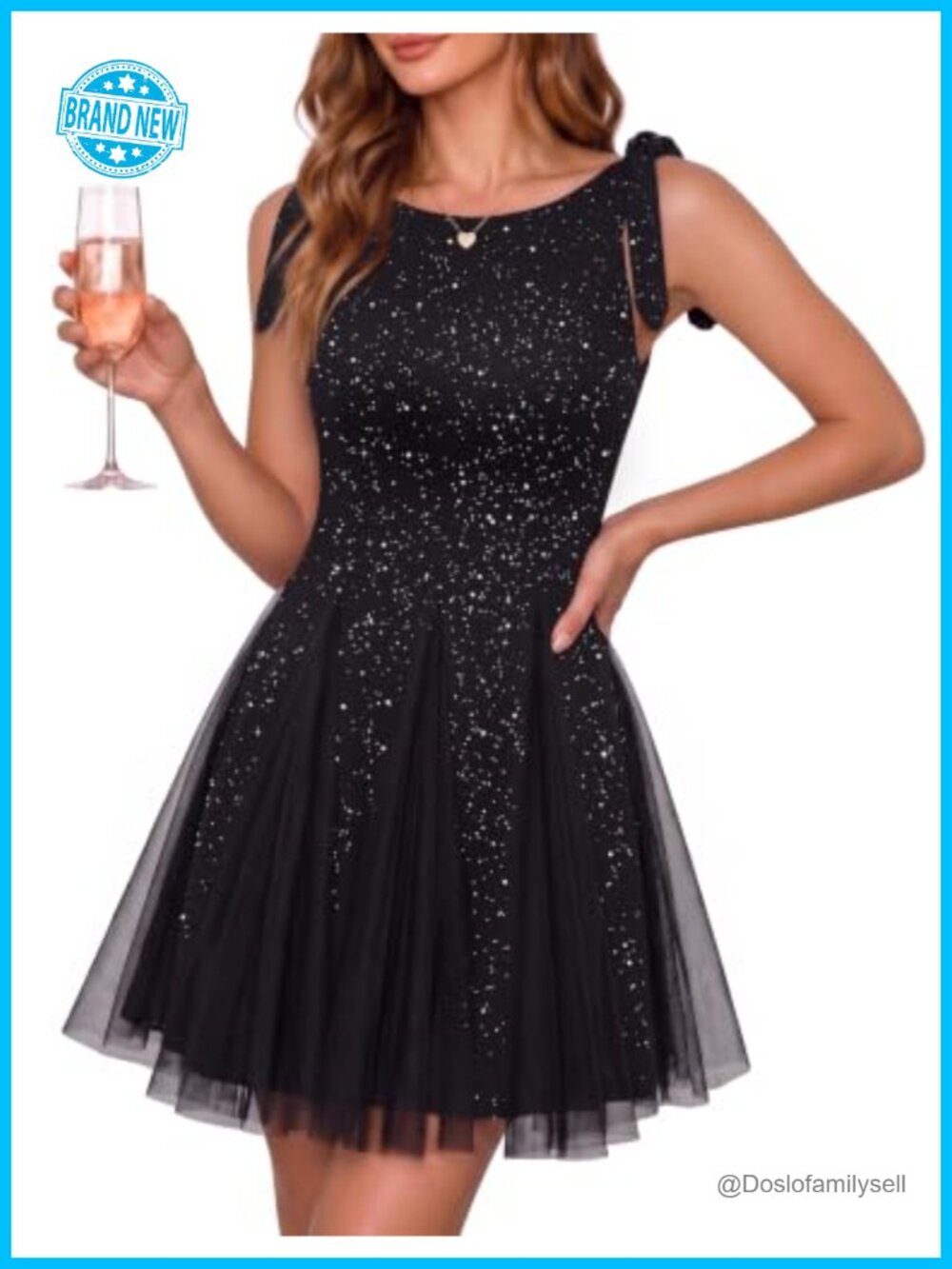 Sequin Short Formal A-Line Dress with Tulle Overlay Tie Straps